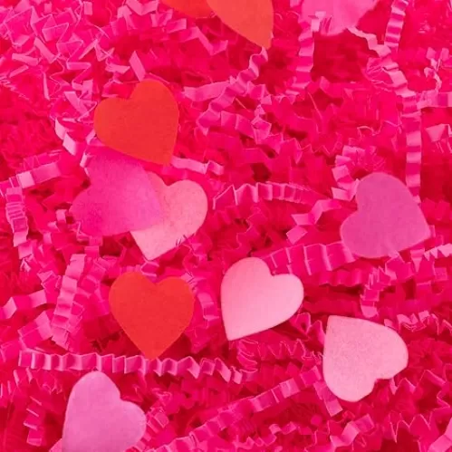 1LB Valentine's Day Crinkle Cut Paper Shred Filler Pink Crinkle Cut Paper with Heart Confetti Shredded Paper Filler Raffia Paper for Gift Wrapping Craft DIY Packaging Filling Party Supply