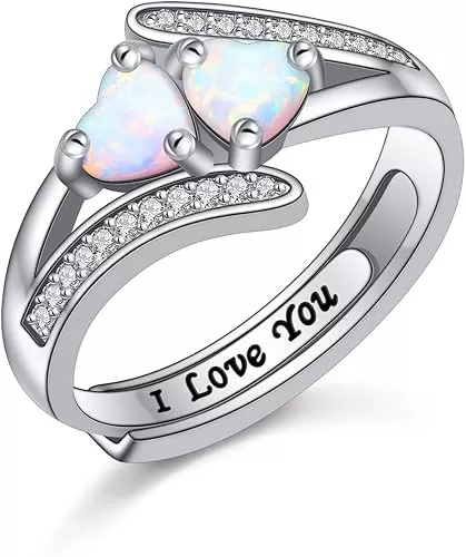2 Heart Shape Opal Promise Rings, 925 Sterling Silver Wedding Ring Engagement Promise Band Ring for Women
