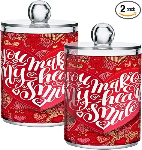 2 Pack Canister Set Hearts Shaped Love Letter Jars with Lids Qtip Holder Dispenser Acrylic Bathroom Canisters Mother's Valentine's Day Holiday Organizer for Cotton Ball, Swabs, Pads, Floss