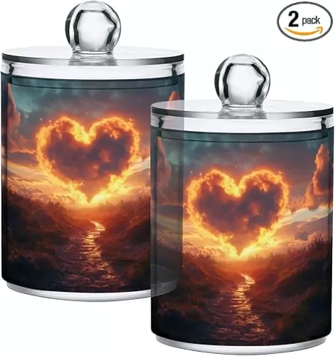 2 Pack Heart Shaped Clouds Apothecary Jars with Lid, Qtip Holder Storage Containers for Cotton Ball, Swabs, Pads, Clear Plastic Canisters for Bathroom Vanity Organization (10 Oz)