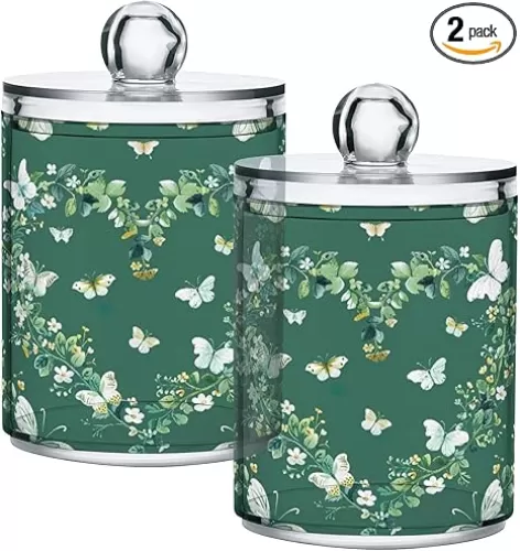 2 Pack Heart-shaped Floral Apothecary Jars with Lid, Qtip Holder Storage Containers for Cotton Ball, Swabs, Pads, Clear Plastic Canisters for Bathroom Vanity Organization (10 Oz)