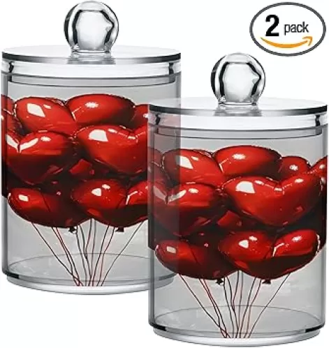 2 Pack Qtip Holder Organizer Dispenser Heart Shaped Red Balloons Bathroom Storage Canister Cotton Ball Holder Container for Cotton Pads/Swabs/Floss
