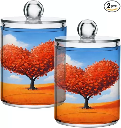 2 Pack Qtip Holder Organizer Dispenser Heart Shaped Tree Valentines Bathroom Storage Canister Cotton Ball Holder Container for Cotton Pads/Swabs/Floss