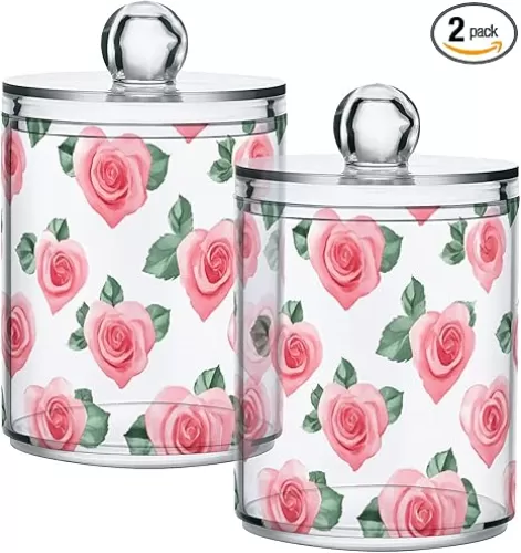 2 Pack Qtip Holder Organizer Dispenser Hearts Shape Roses Bathroom Storage Canister Cotton Ball Holder Container for Cotton Pads/Swabs/Floss