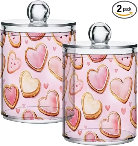 2 Pack Qtip Holder Organizer Dispenser Valentines Heart Shaped Cookies Bathroom Storage Canister Cotton Ball Holder Container for Cotton Pads/Swabs/Floss