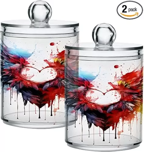 2 Pack Qtip Holder Organizer Dispenser Wing Heart Shape Bathroom Storage Canister Cotton Ball Holder Container for Cotton Pads/Swabs/Floss