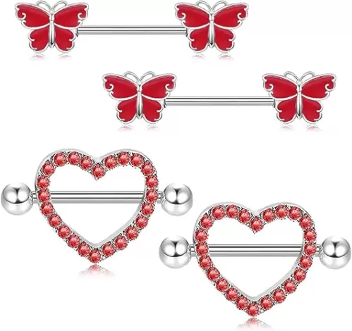 2 Pairs 14G Nipple Rings for Women 316L Stainless Steel Heart, Butterfly Nipple Barbell CZ Nipple Rings Set Nipplerings Piercing Jewelry