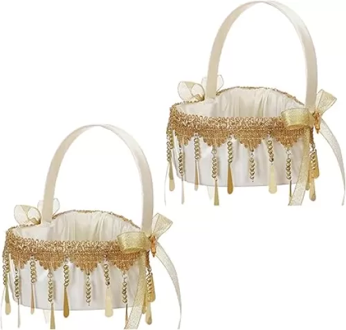 2 PCS Lace Wedding Flower Basket, Heart Shaped Decorative Floral Basket, Candy Holder Gift Basket, Lace Throw Flower Basket, Wedding Storage Basket, Portable Wedding Flower Basket(Gold)