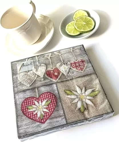 20-ct 13x13 Edelweiss Heart Napkins - Disposable Decorative Napkins - Gray, Brown, Red, White, Green - Paper - 3-Ply