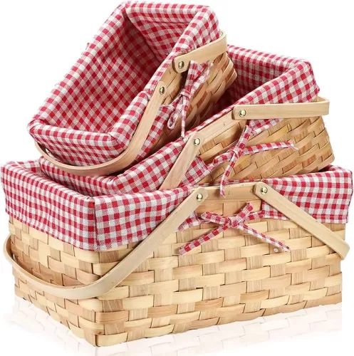 3 Pcs Different Sizes Picnic Basket with Handles Natural Vintage Red and White Checkered Liner Rustic Woven Hamper for Spring Easter Picnic Camping Outdoor Egg Gathering Candy Gift