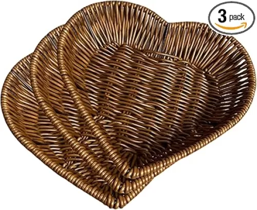 3 pcs Woven Bread Baskets, Heart shape Wicker Baskets Tabletop Food Serving Fruit Vegetables Sundries Storage Basket for Home, office, Restaurant,