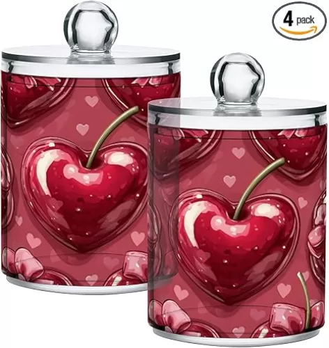 4 Pack Heart-shaped Cherries Apothecary Jars with Lid, Qtip Holder Storage Containers for Cotton Ball, Swabs, Pads, Clear Plastic Canisters for Bathroom Vanity Organization (10 Oz)