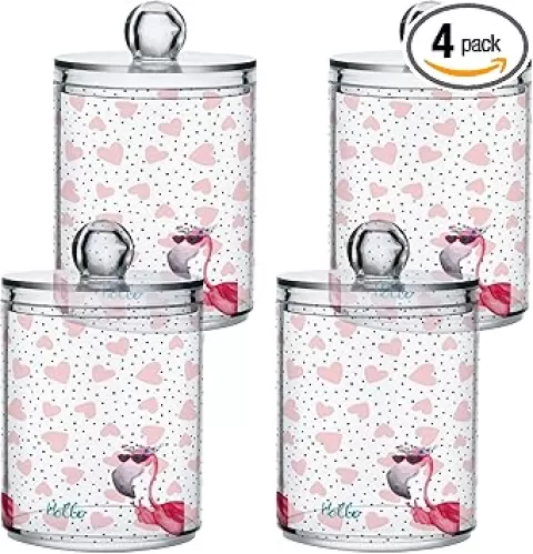 4 Pack Qtip Dispenser Apothecary Jars Bathroom Organizer, Hello Glasses Flamingo Hearts Qtip Holder Storage Canister Plastic Acrylic Jar for Cotton Ball/Swab/Rounds