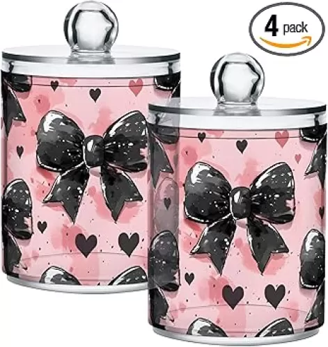4 Pack Qtip Holder Dispenser Black Bow Heart Pink Cotton Ball Cotton Swab Round Pads Floss Clear Bathroom Storage Containers Plastic Apothecary Jars with Lids