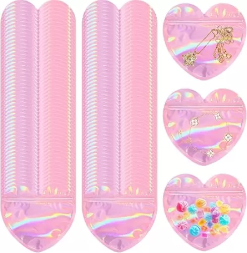 50 Pcs Pink Heart Shaped Jewelry Bags, 4x4 Inches Clear Ziplock Jewelry Bags Holographic Mylar Packing Bags for Bracelets Necklaces Earrings, Ideal for Birthday Wedding Supplies