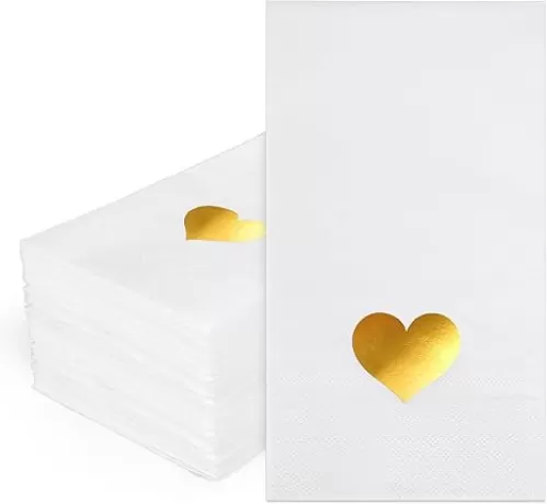50 Pcs Valentine Guest Napkins Foil Gold Heart Disposable Napkins Dinner Hand Towel Paper Napkins for Bathroom Wedding Anniversary Party Table Supplies