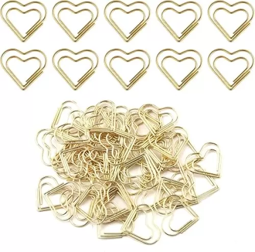 50pcs Mini Paper Clips, Small Gold Love Heart Shaped Paper Clips Bookmarks Tiny Metal Paper Clamps Cute Small Paperclip for Document Note Organizing Wedding Decorative Crafts Office School Supplies