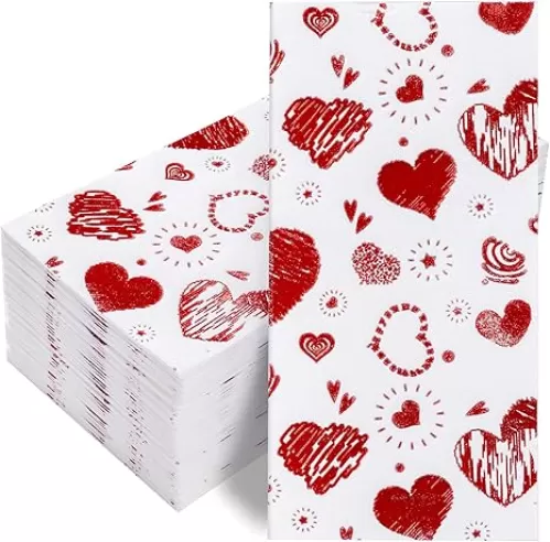 50PCS Red Paper Napkins - Red Heart Napkins Disposable - Heavy Duty Linen Feel Guest Towels for Bathroom, Women’ s Day, Wedding, Bridal Shower, Engagement, Party, Galentine