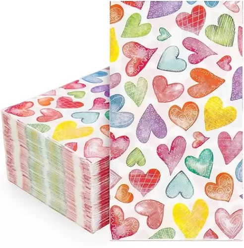 50Pcs Valentine Guest Napkins Colorful Love Heart Disposable Napkins Watercolor Dinner Hand Towel Paper Napkins For Bathroom Wedding Anniversary Party Table Supplies