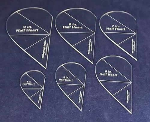 6 Piece Half Heart Quilting and Sewing Template Set 1/4 Inch Clear Acrylic