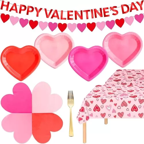 76PCS Valentines Day Heart Decorations, Heart Shaped Paper Plates and Napkins Party Supplies, Disposable Pink and Red Party Plates for Valentines Day Decor, Serves 24