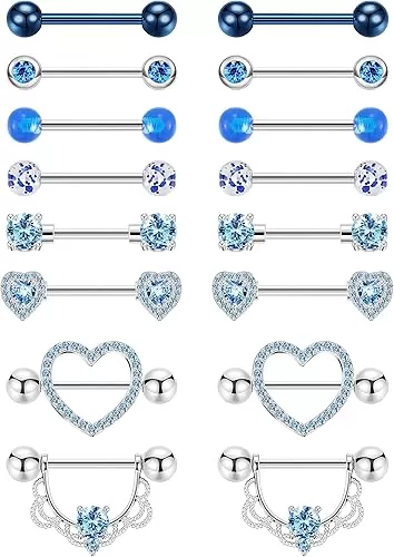 8 Pairs 14G 316L Stainless Steel Nipple Rings for Women Heart-Shape Nipple Rings CZ Barbell Nipplerings Piercing Jewelry