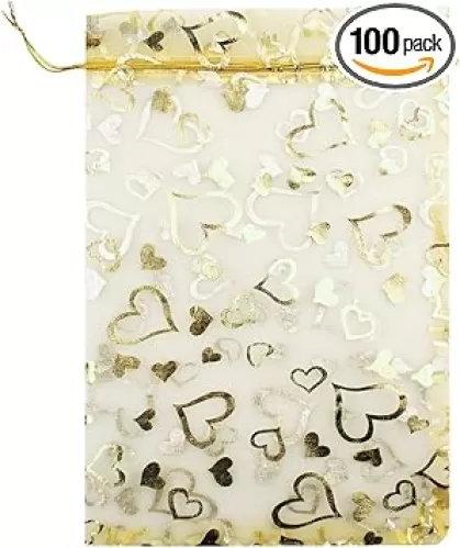 8 x 12 Inch 100 Drawstring Heart Flower Bags Organza Jewelry Gift Pouch Candy Pouch Drawstring Wedding Favor Bags (gold heart)