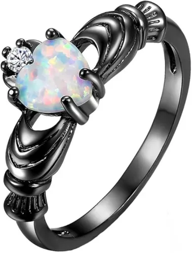 925 Silver Heart Shape Blue Simulated Opal and Cubic Zircon Claddagh Engagement Bridal Rings