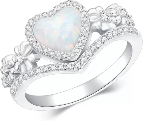 925 Sterling Silver Daisy Heart-Shaped Opal Ring with Cubic Zirconia, Flower Stacking Statement Wedding Band Ring for Women Jewelry Gifts for Her(Size 5-10)