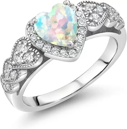 925 Sterling Silver Heart Gemstone Birthstone and White Moissanite Halo Ring for Women | 6MM Heart Shape Center with Pave Accents | Wedding Anniversary Engagement Promise Ring | Sizes 5-9