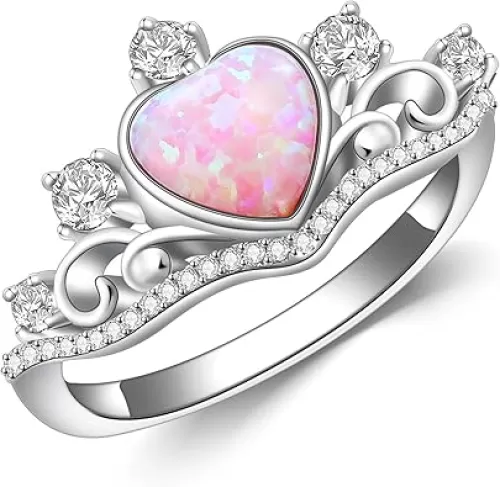 925 Sterling Silver Heart Pink Opal Ring with Zircon Crown Shape Statement-rings Opal Jewelry Birthday Gifts for Women Her(Ring Size 5-9)