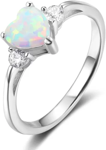925 Sterling Silver Heart Shaped White Opal Engagement Promise Band Ring