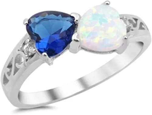 925 Sterling Silver Ring Lab White Opal Simulated Blue Sapphire Heart Shape Promise Ring
