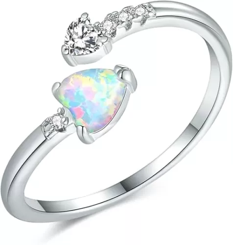 Adjustable Opal Ring for Women Teen Girls Ladies 14K White Gold Plated Heart/Oval Shape Stacking Rings Fire Opal Jewelry for Teen Girls