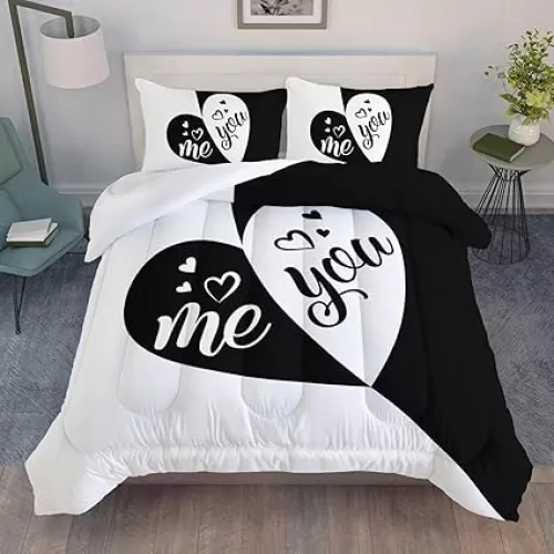 AILONEN Black White Comforter Set Queen Size, Me and You Couples Romantic Valentine Bedding Set Decor, Heart Shaped Splicing Soft and Comfortable Quilt Set All Season(1 Comforter+ 2 Pillowcases)