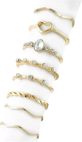 Akeoqi 8-11Pcs Vintage Gold Knuckle Rings for Women Boho Retro Stackable Finger Rings Rhinestone Opal Hollow Out Heart Eye Leaf Shape Rings Midi Rings Pack