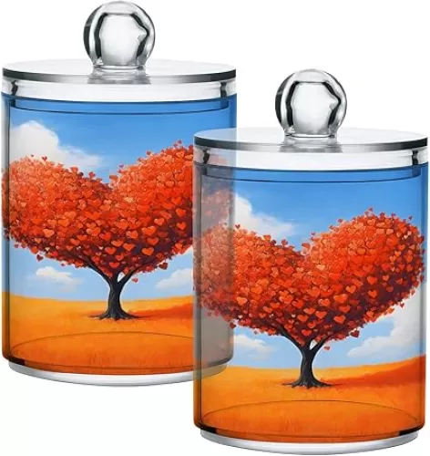 ALAZA 2 Pack Qtip Holder Dispenser for Cotton Ball Heart Shaped Tree Cotton Swab Cotton Round Pads Clear Plastic Acrylic Jar Set Bathroom Canister