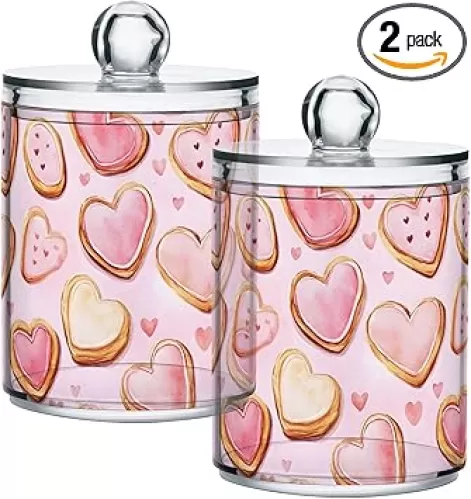 ALAZA 2 Pack Qtip Holder Heart Shaped Cookies Pattern, Cotton Swab Dispenser with Lid Bathroom Containers Canister Organizer Storage Jar