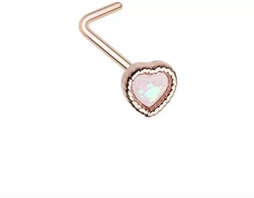 Amelia Fashion 20 Gauge Rose Gold Glitter Opal Heart Shape L-Shape Nose Ring 316L Surgical Steel