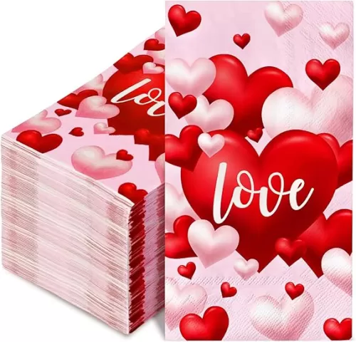 AnyDesign 100 Pack Valentine's Day Guest Napkins Red Pink Love Heart Balloon Disposable Paper Napkins Sweet Hand Napkin Towel for Home Kitchen Bathroom, 13 x 15.7 Inch