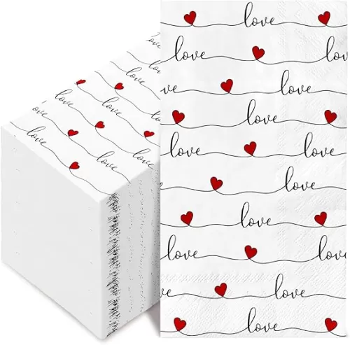 AnyDesign 100Pack Heart Guest Napkin Valentine's Day Disposable Napkins 3 Ply Love Hearts Dinner Hand Napkin for Wedding Anniversary Mother's Day, 13 x 15.7 Inch
