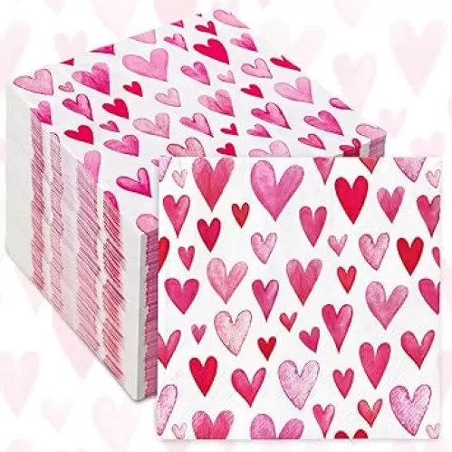 AnyDesign 50 Pack Valentine’s Day Paper Napkins Pink Watercolor Heart Disposable Luncheon Dinner Napkins for Party Supplies Table Decor, 6.5 x 6.5 Inch