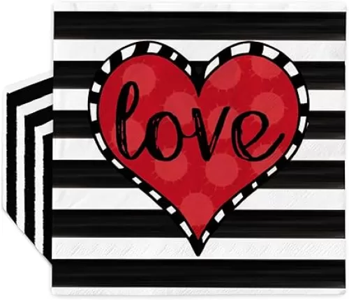 AnyDesign 80 Pack Valentine’s Day Paper Napkins Black White Stripes Love Heart Disposable Luncheon Dinner Napkins for Party Supplies Table Decor, 6.5 x 6.5 Inch