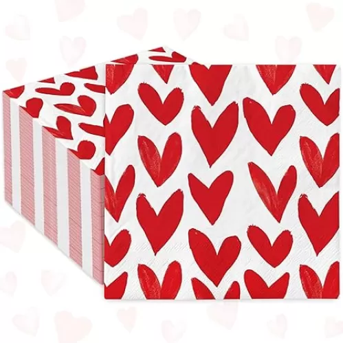 AnyDesign 80Pcs Valentine's Day Paper Napkins Red Heart Luncheon Napkins 6.5 x 6.5 Inch Watercolor Dinner Hand Napkin for Party Home Restaurant Kitchen Supplies