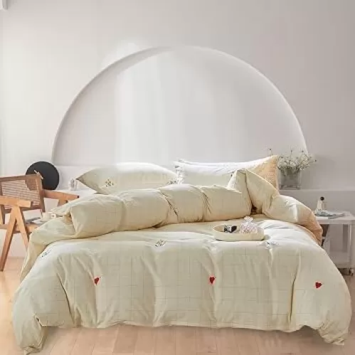 AOJIM Plaid Duvet Cover Set Pure Cotton, Floral and Heart-Shaped Pattern Bedding Comforter Cover, 1 Queen Size Quilt Cover and 2 Pillowcases, Soft Bed Set for Room Decor (No Comforter)