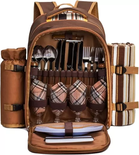 Apollo Walker Picnic Backpack Bag for 4 Person with Cooler Compartment, Wine Bag, Picnic Blanket(45"x53"), Best for Family and Lovers Gifts (Brown)