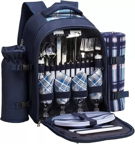Apollo walker Picnic Backpack Set for 4 with Cooler Compartment, Detachable Bottle/Wine Holder Including Large Picnic Blanket(45"x 53") for Picnic Family and Lovers Gifts, Outdoor, BBQ Time (Blue)