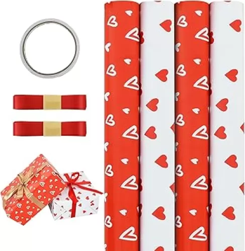 BEISHIDA 12 Sheet Valentine's Day Wrapping Paper 2 Styles Red&White Heart Gift Wrapping Paper Set with Tape&Ribbon, Valentine Gift Wrap for Anniversary, Wedding, Mother's Day, Birthday, Folded 20x28in