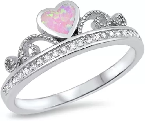 Bezel Set Heart Simulated Opal Cubic Zirconia Crown Ring Sterling Silver