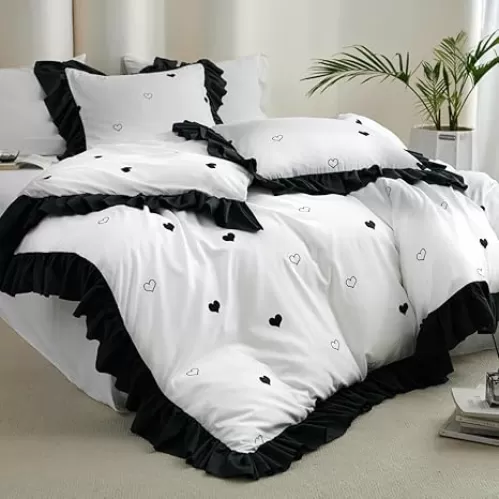 Black and White Duvet Cover Set King Kids Love Heart Duvet Cover Princess Ruffle Comforter Cover Teens Girls Cute Heart-Shaped Bedding Soft Brushed Microfiber, Wide Ruffled 104x90 Duvet Cover